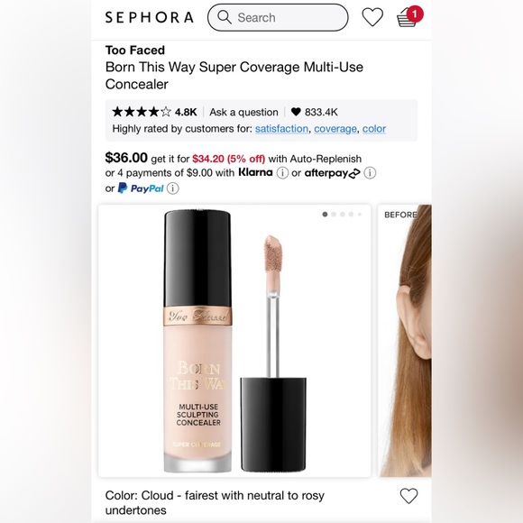 TOO FACED BORN THIS WAY SUPER COVERAGE MULTI-USE SCULPTING CONCEALER - CLOUD - Picture 2 of 5